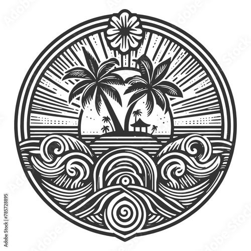 tropical hawaii beach, palm trees, waves, and a sunburst pattern sketch engraving generative ai fictional character vector illustration. Scratch board imitation. Black and white image.
