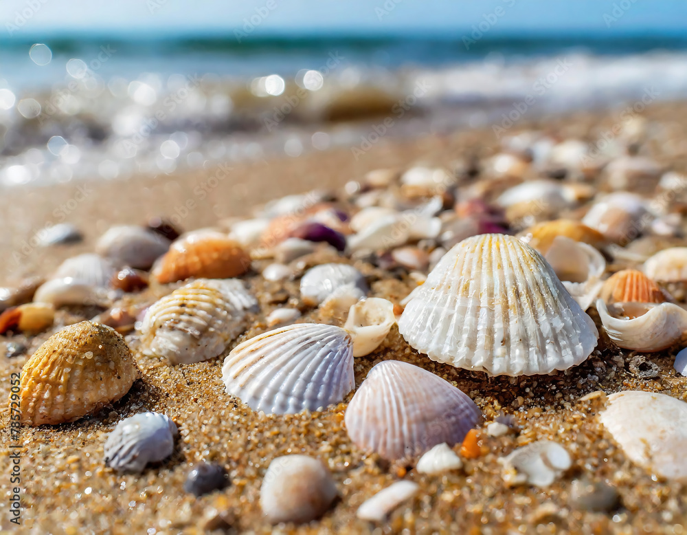 Seashells on the beach. Selective focus. Summer time, holiday, nature concept. close up view Seashells on the beach. Selective focus. Summer time, holiday, nature concept. close up view