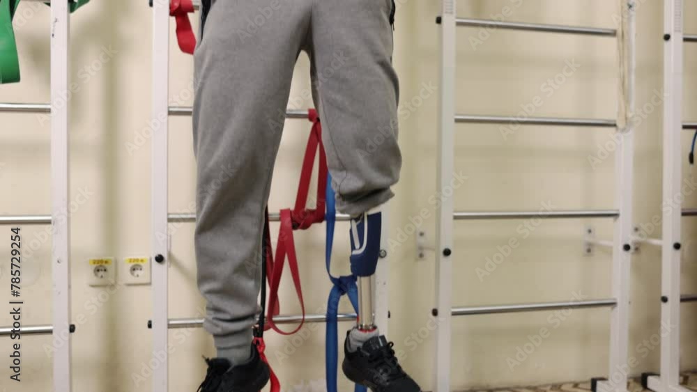 Rehabilitation exercise, Prosthetic recovery, Gym recovery. Man with ...