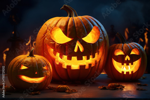 Trio of Spooky Jack-O'-Lanterns Illuminating the Darkness on Halloween Night