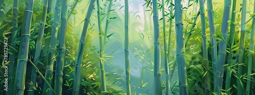 Painting depicting a dense bamboo forest with vibrant green leaves in a tranquil setting