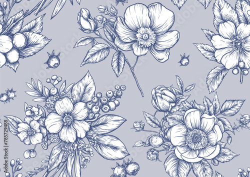 Blooming tree rose, rose flowers on branches. with sparrow, finches, butterflies, dragonflies. Seamless pattern, background. Vector illustration. Chinoiserie, traditional oriental botanical motif.