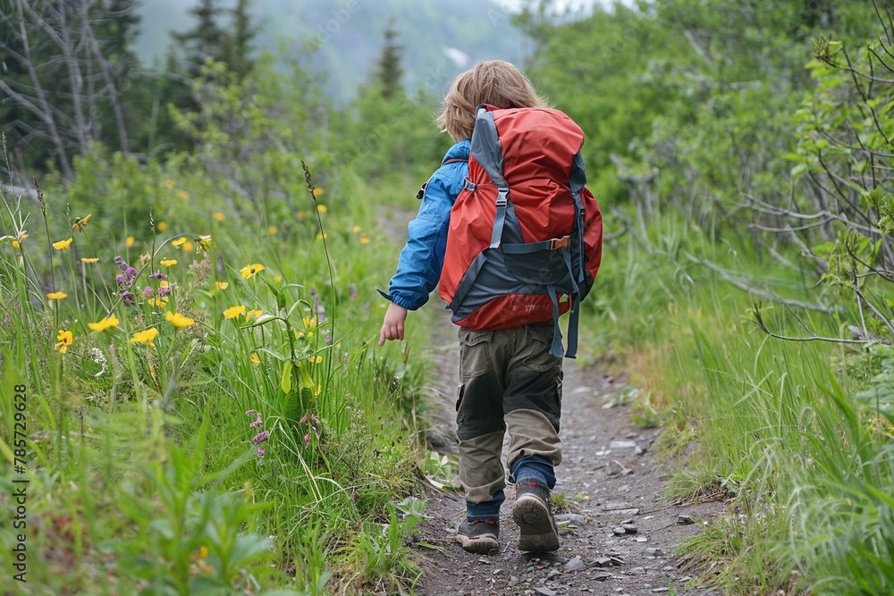 Young Child Hiking on Forest Trail with Large Backpack Young Child Hiking on Forest Trail with Large Backpack
