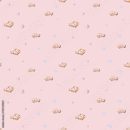 Seamless pattern with watercolor fish and bubbles