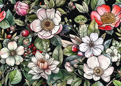 Boutonniere of wild rose flowers and berries Seamless pattern, background. Outline hand drawing vector illustration. In botanical style
