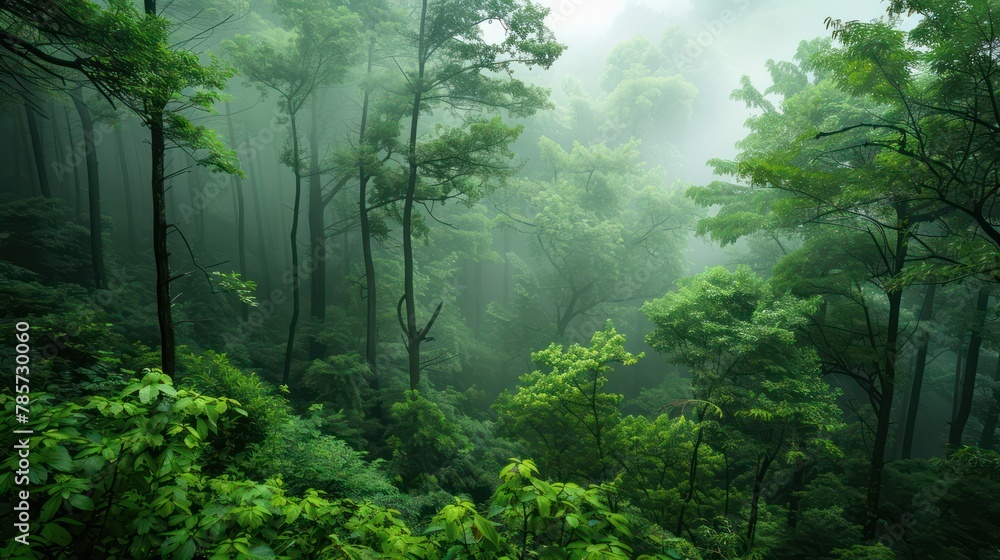 A tranquil forest scene enveloped in mist, showcasing the lush greenery and the serenity of nature The image captures the essence of a peaceful, mystical forest atmosphere