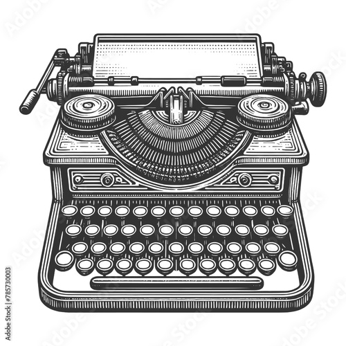 antique typewriter with a full set of keys and carriage return sketch engraving generative ai vector illustration. Scratch board imitation. Black and white image.