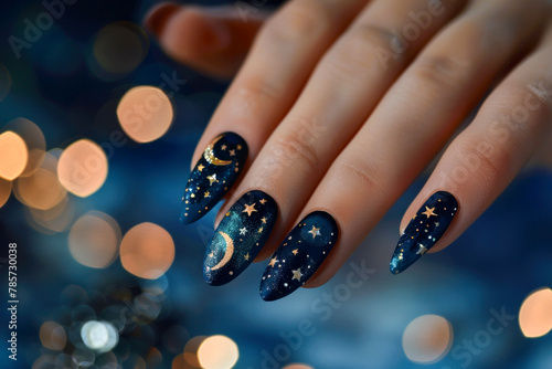 Navy Blue Nails with Golden Stars and Moon Details for a Celestial Theme