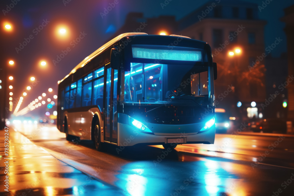 Modern Electric Bus Glowing on a Rainy City Street at Night with Vibrant Lights