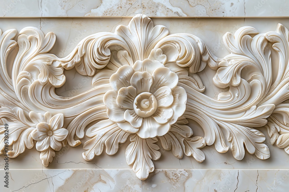 Classic White Floral Bas-Relief on Marble Surface Classic White Floral Bas-Relief on Marble Surface
