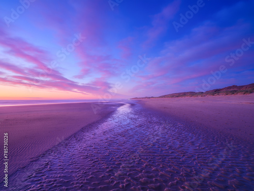 Seascape during sunrise. Bright clouds on the sky. Lines of sand on the seashore. Bright sky during sunset. A sandy beach at low tide. Wallpaper and background.