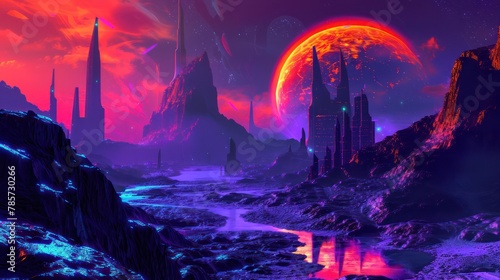 Stunning digital art piece depicting a neon-lit extraterrestrial cityscape against a backdrop of a large, luminous planet and stars The image evokes a sense of exploration and advanced civilization photo