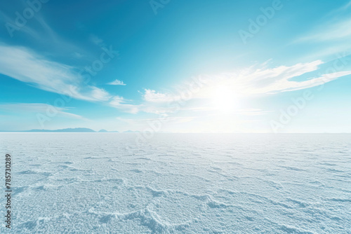 Pristine Snow Landscape with Bright Sun and Clear Blue Sky