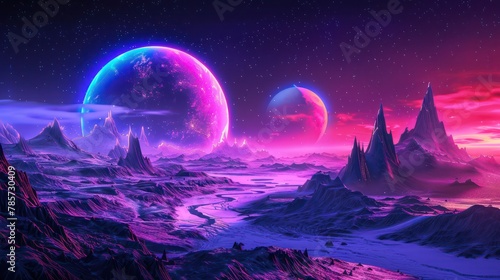A mesmerizing extraterrestrial scene showcasing vibrant planets rising above a neon-tinged icy terrain under a starlit sky, evoking a sense of wonder and otherworldly beauty