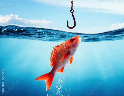 Red fish roaming around fishing hook floating in the sea .  photo