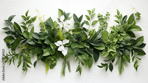 Plantes, fleurs et végétaux. Fond blanc avec espace vide de composition pour création et conception graphique. Feuilles, branchage, nature, tropical.