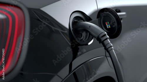 Close-up of an electric car's charging port. Detailed view of EV charging connection. Charging handle attached to black electric car
