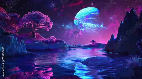 A mesmerizing neon-lit landscape featuring an alien planet, exotic trees, and a glowing river under a deep purple sky with clouds