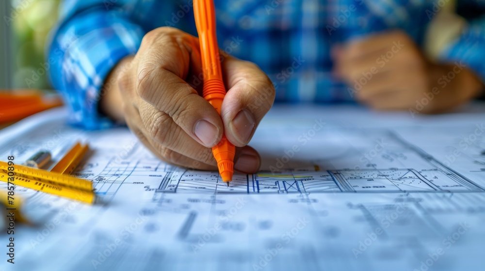Professional architect carefully reviewing detailed blueprints on a work desk. Professional architect carefully reviewing detailed blueprints on a work desk.
