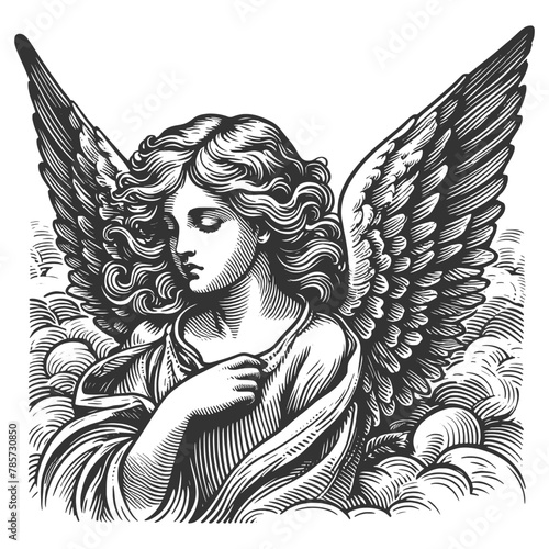 Pensive bored angel sketch engraving generative ai fictional character vector illustration. Scratch board imitation. Black and white image.