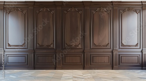 This image showcases a luxurious interior wall with rich wooden paneling and decorative frames, reflecting an opulent, classic design aesthetic