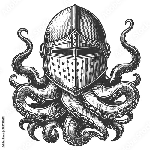 knight helmet atop a tangle of octopus tentacles, blending medieval armor with marine life sketch engraving generative ai vector illustration. Scratch board imitation. Black and white image.