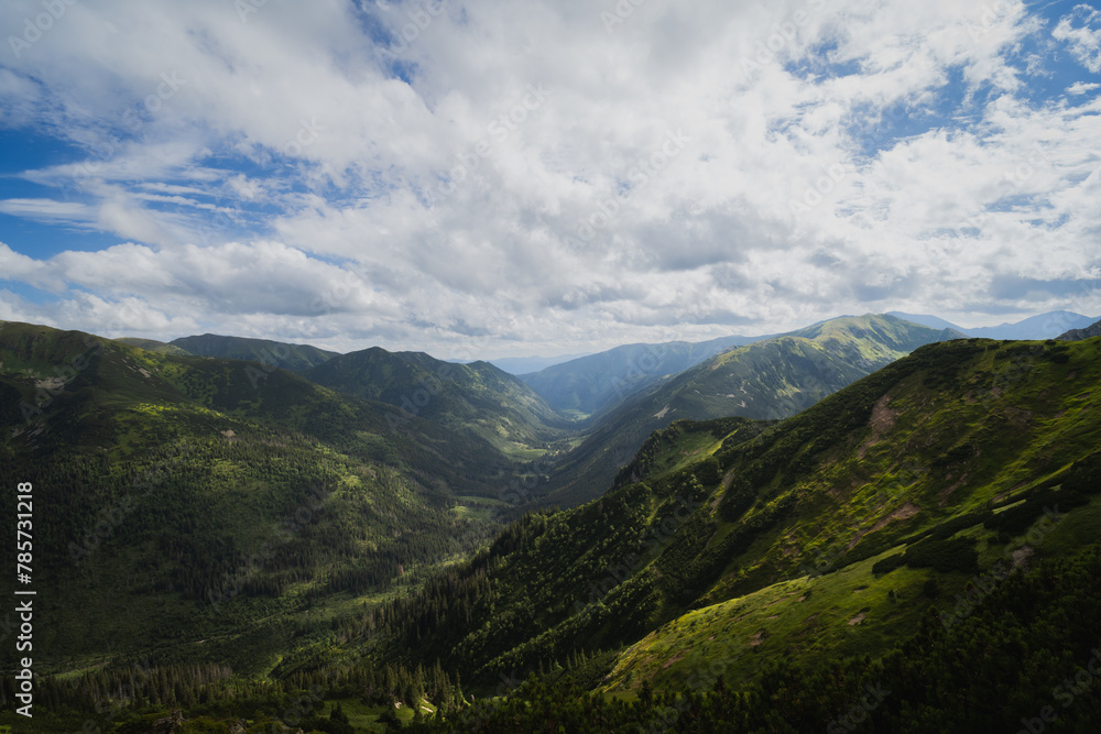 Mountain landscape in the Carpathian Tatra Mountains in the Polish National Park. Wide angle lens photo.