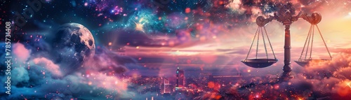 Libra zodiac sign balanced on a cinematic skyline, elegant scales against a twilight cityscape, harmonious colors photo