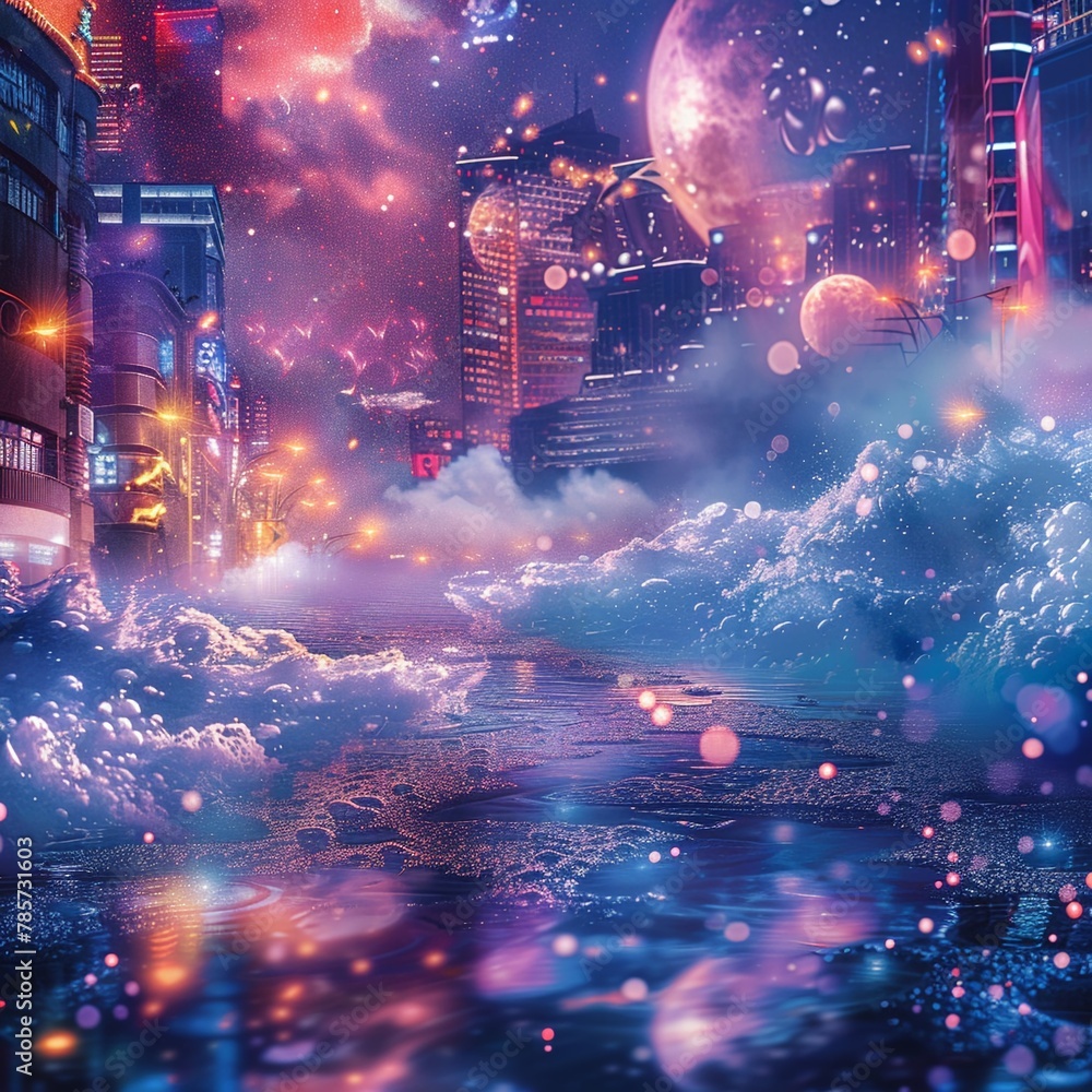 Fototapeta premium Aquarius in a futuristic cityscape, pouring knowledge, cinematic with neon lights and reflective surfaces