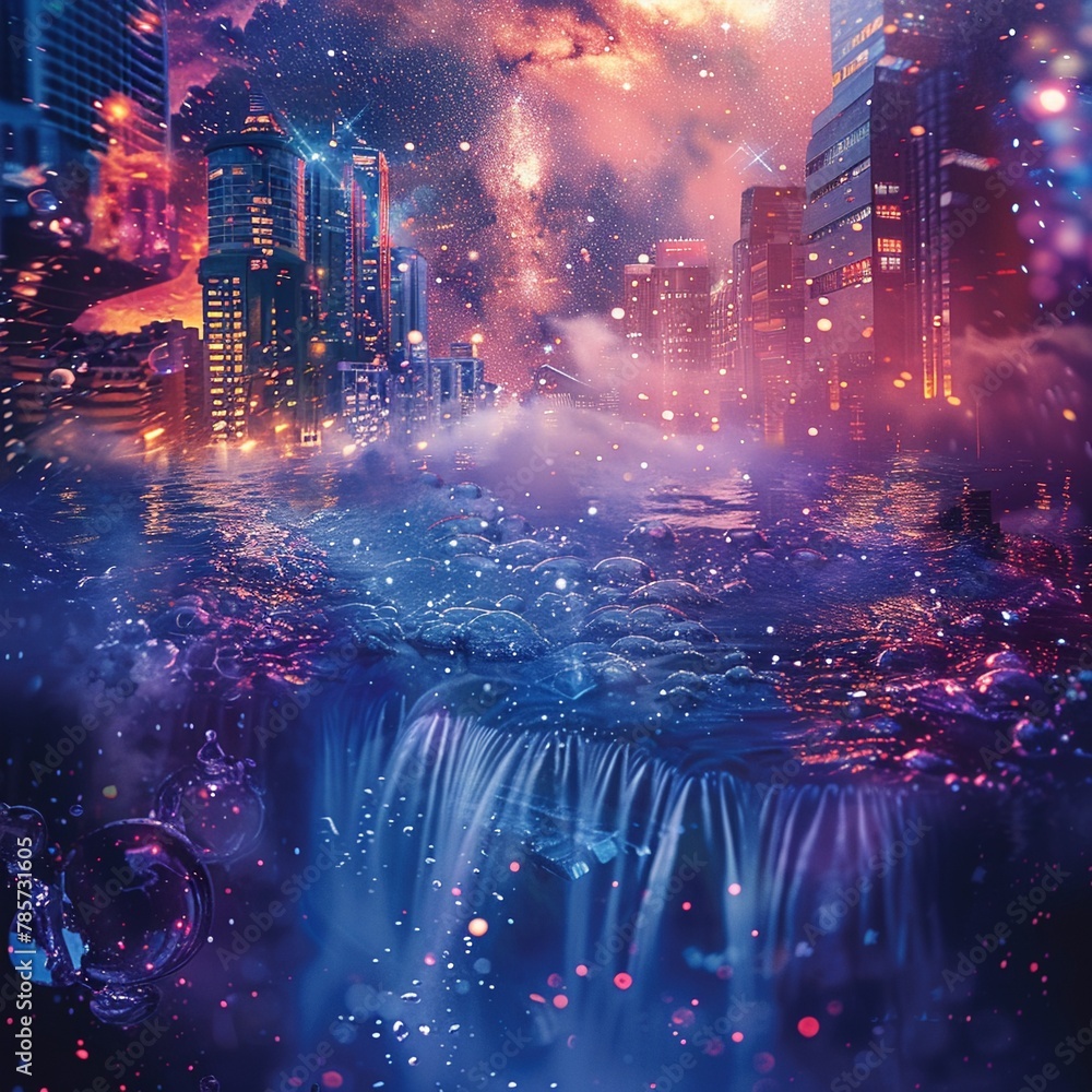 Aquarius cinematic vision of a futuristic city, water flowing between hightech buildings under a starry sky