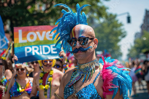 A man dressed in a blue costume participating in a Love Pride parade alongside other individuals.