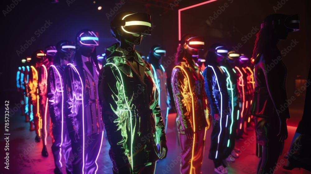 Neon-Lit Group in VR Helmets at Night