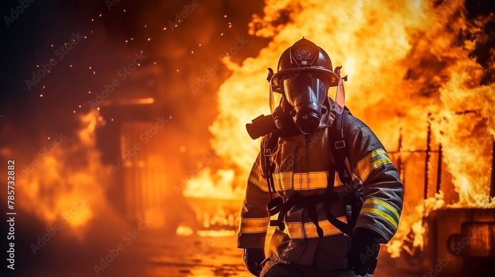 Naklejka premium firefighter training., fireman using water and extinguisher to fighting with fire flame in an emergency situation., under danger situation all firemen wearing fire fighter suit for safety.