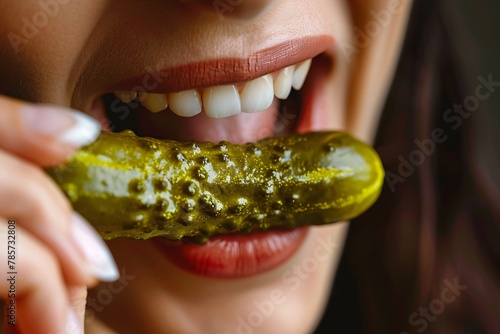 Detailed close-up of a woman munching on a crunchy, savory pickle