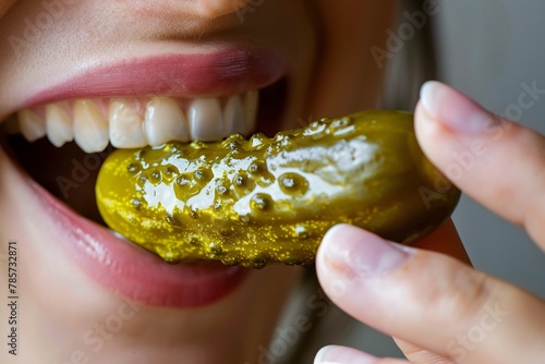 Detailed close-up of a woman munching on a crunchy, savory pickle