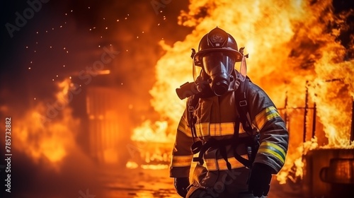 firefighter training., fireman using water and extinguisher to fighting with fire flame in an emergency situation., under danger situation all firemen wearing fire fighter suit for safety.