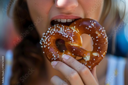 Detailed close-up of a woman munching on a crispy  salty pretzel