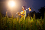 young farmer with a grub hoe standing in the paddy farm against a warm sunset, In Silhouette,