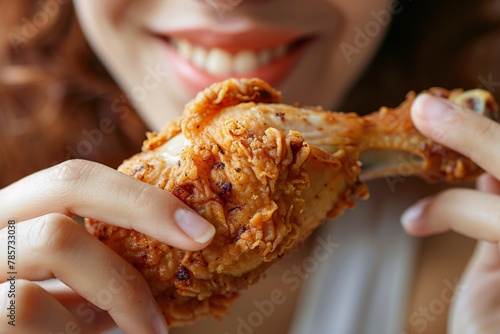 Detailed close-up of a woman munching on a crispy, golden-brown fried chicken drumstick