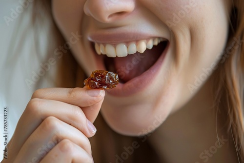 Detailed close-up of a woman munching on a chewy  sweet raisin