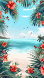 illustration of beach with palm trees with leave jungle leaves and flower frame