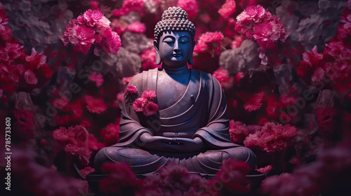 Buddha sits in front of garden with flowers