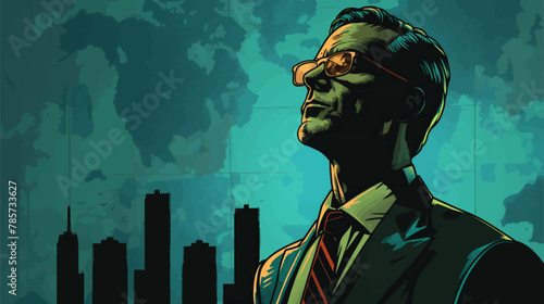 businessman in glasses, looking up confidently against a stylized city skyline backdrop. Generative ai vector illustration. Pop art comic book style imitation. 