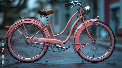 A pink bicycle rests on the roadside, its tires gleaming in the sun photo