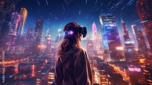 girl wearing virtual reality goggles and exploring cyberspace while standing against blurred cityscape.