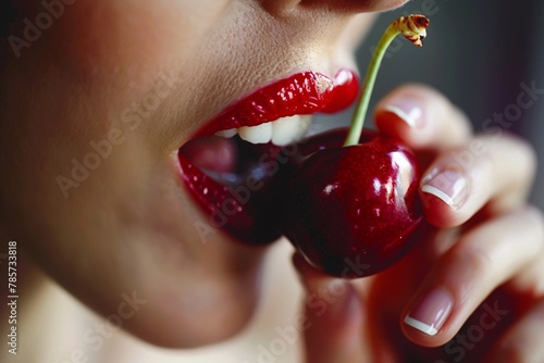 Close-up of a woman biting into a crisp, tart cherry photo