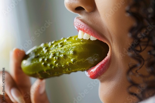 Close-up of a woman biting into a crisp, tangy pickle