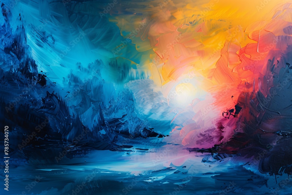 Behold an abstract dreamscape where vibrant colors merge with the tranquility of icy landscapes