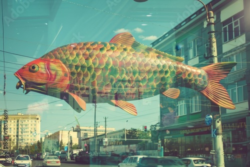 rainbow. old city street. architecture. big fish on the road photo