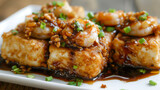 Succulent shrimp and tofu in chinese sauce